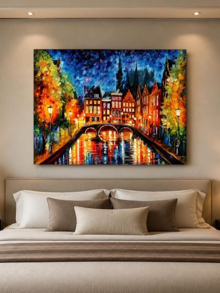 Herfstgracht bij Avondlicht, Steden & Skylines schilderij aan de muur in interieur