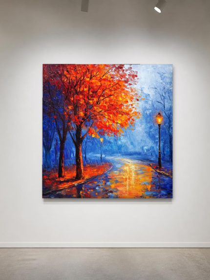 Herfstpad in Regenlicht, Natuur & Landschap schilderij aan de muur in interieur
