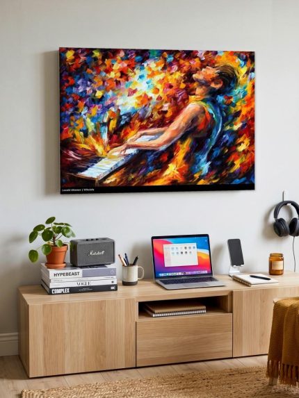 Pianist in Kleurenvuur, Mensen & Portretten schilderij aan de muur in interieur