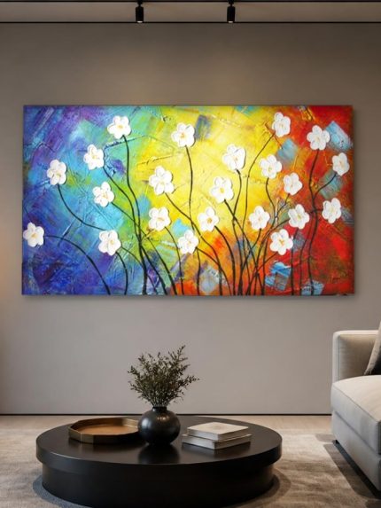 Witte Bloesems in Kleurenspel, Bloemen & Stilleven schilderij aan de muur in interieur