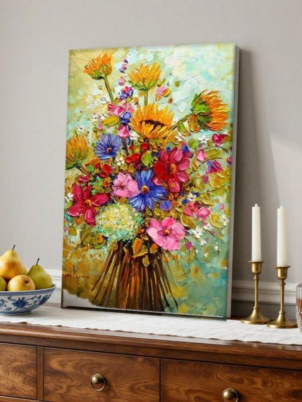 Kleurrijk Boeket met Zonnebloemen, Bloemen & Stilleven schilderij aan de muur in interieur