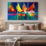 Kleurrijke Zeilboten in de Haven, Natuur & Landschap schilderij aan de muur in interieur