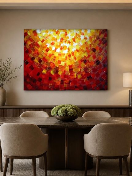 Gouden Zonnestraal Mozaïek, Abstract & Modern schilderij aan de muur in interieur