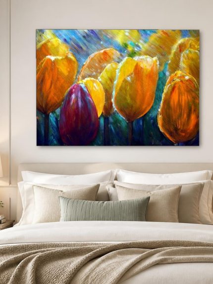 Tulpen in Avondlicht, Bloemen & Stilleven schilderij aan de muur in interieur