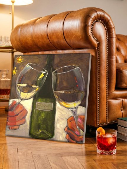 Toast met witte wijn, Bloemen & Stilleven schilderij aan de muur in interieur