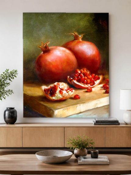 Opengesneden Granaatappels, Bloemen & Stilleven schilderij aan de muur in interieur