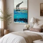Giraffe aan de waterrand, Dieren schilderij aan de muur in interieur