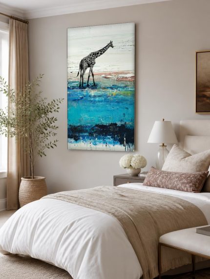 Giraffe aan de waterrand, Dieren schilderij aan de muur in interieur