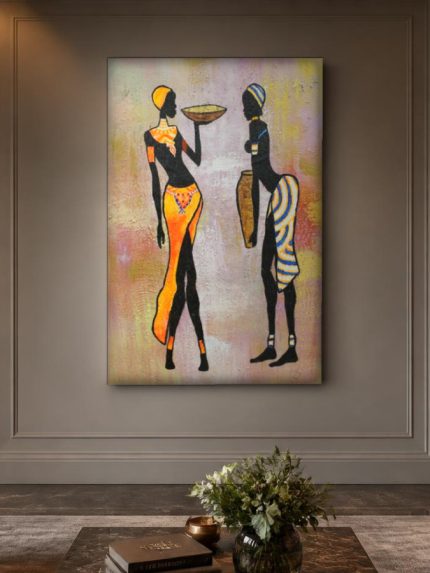 Afrikaanse Vrouwen met Kruik en Schaal, Mensen & Portretten schilderij aan de muur in interieur