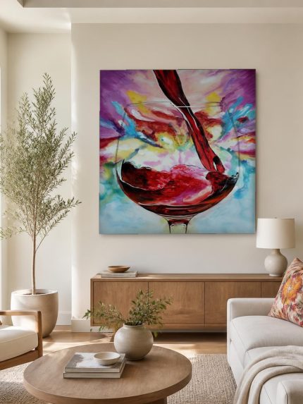 Wervelende Rode Wijn, Bloemen & Stilleven schilderij aan de muur in interieur