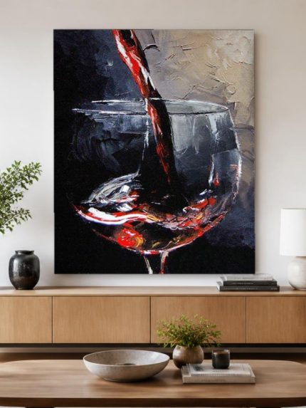 Rode wijn ingeschonken, Bloemen & Stilleven schilderij aan de muur in interieur