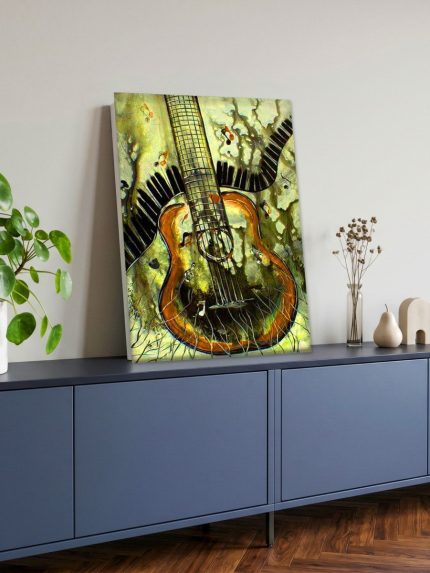Gitaar in muzieknoten, Mensen & Portretten schilderij aan de muur in interieur