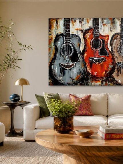 Drie Gitaren in Kleur, Mensen & Portretten schilderij aan de muur in interieur