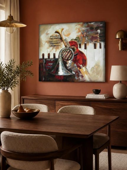 Hoorn en gitaar in kleurenspel, Mensen & Portretten schilderij aan de muur in interieur