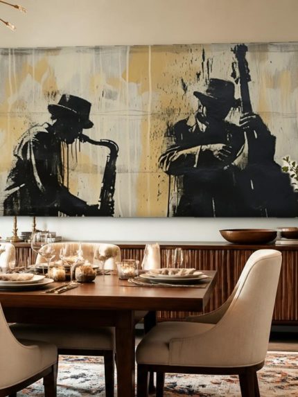 Jazzduo in Silhouet, Mensen & Portretten schilderij aan de muur in interieur