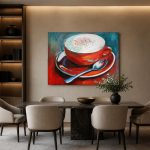 Cappuccino in rode kop, Bloemen & Stilleven schilderij aan de muur in interieur
