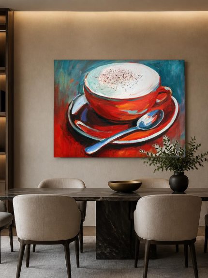Cappuccino in rode kop, Bloemen & Stilleven schilderij aan de muur in interieur
