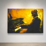 Jazzpianist in geel licht, Mensen & Portretten schilderij aan de muur in interieur