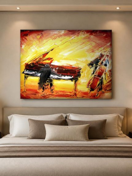 Pianist en contrabassist in vuurgloed, Mensen & Portretten schilderij aan de muur in interieur