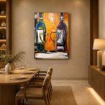 Wijnflessen op het buffet, Bloemen & Stilleven schilderij aan de muur in interieur