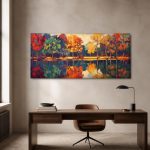 Herfstbomen aan het Water, Natuur & Landschap schilderij aan de muur in interieur