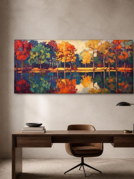 Herfstbomen aan het Water, Natuur & Landschap schilderij aan de muur in interieur
