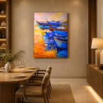 Blauwe vissersboten in gouden licht, Natuur & Landschap schilderij aan de muur in interieur