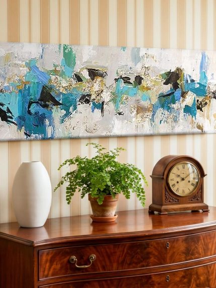 Turquoise Impressie, Abstract & Modern schilderij aan de muur in interieur