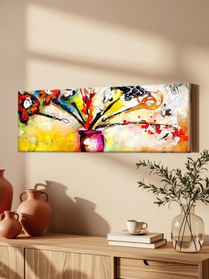 Bloemen in Vrolijke Kleurexplosie, Bloemen & Stilleven schilderij aan de muur in interieur