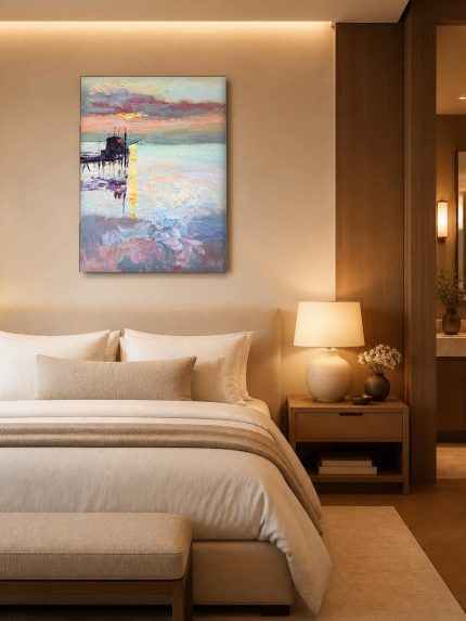 Zonsondergang bij de Vissteiger, Natuur & Landschap schilderij aan de muur in interieur