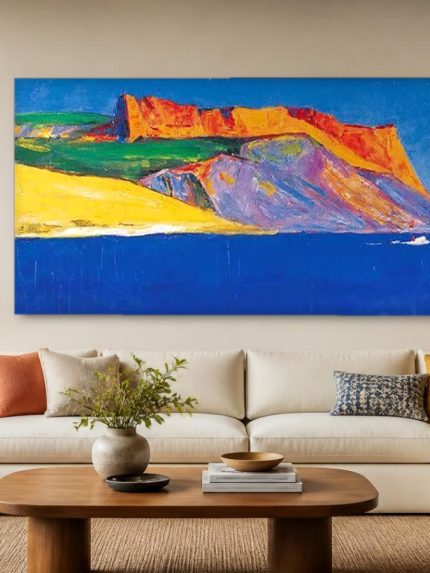 Kleurrijke Kliffen aan Zee, Natuur & Landschap schilderij aan de muur in interieur
