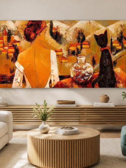 Vrouw met Kat aan de Kust, Mensen & Portretten schilderij aan de muur in interieur
