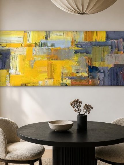 Gele Vlakken in Beweging, Abstract & Modern schilderij aan de muur in interieur