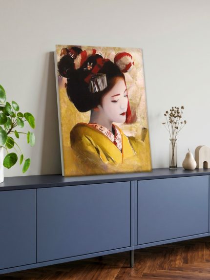 Elegante Geisha in Goud, Mensen & Portretten schilderij aan de muur in interieur