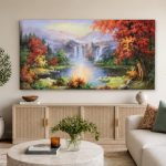 Herfstwaterval bij de Bergen, Natuur & Landschap schilderij aan de muur in interieur