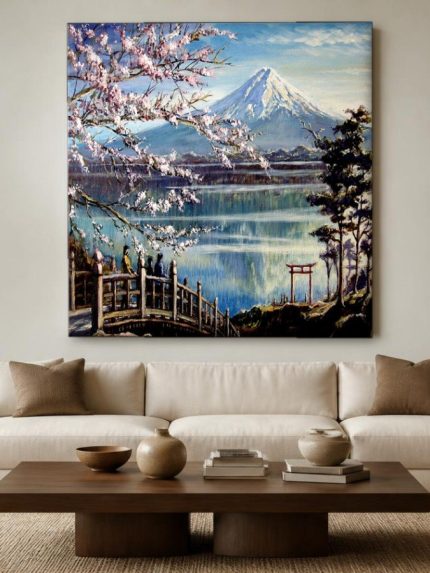 Fuji in Kersenbloesem, Natuur & Landschap schilderij aan de muur in interieur