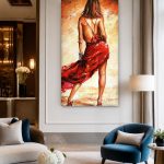 Vrouw in wapperende rode jurk, Mensen & Portretten schilderij aan de muur in interieur