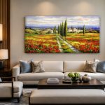 Cipressenlaan in Bloeiend Klaprozenveld, Natuur & Landschap schilderij aan de muur in interieur