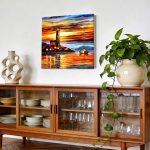 Vuurtoren bij Zonsondergang, Natuur & Landschap schilderij aan de muur in interieur