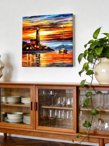 Vuurtoren bij Zonsondergang, Natuur & Landschap schilderij aan de muur in interieur