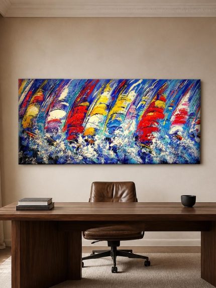 Zeilrace in volle vaart, Natuur & Landschap schilderij aan de muur in interieur