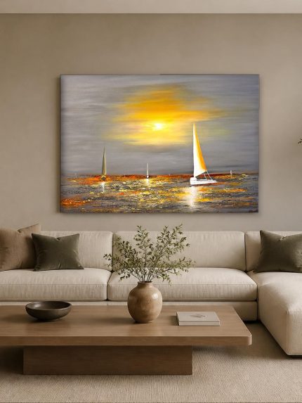Zeilboten in Gouden Avondlicht, Natuur & Landschap schilderij aan de muur in interieur