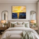 Gouden zonsondergang op het water, Natuur & Landschap schilderij aan de muur in interieur