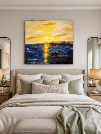 Gouden zonsondergang op het water, Natuur & Landschap schilderij aan de muur in interieur