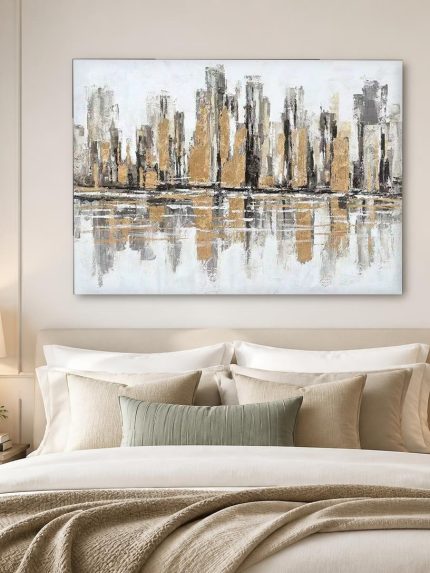 Skyline in Goud en Grijs, Steden & Skylines schilderij aan de muur in interieur