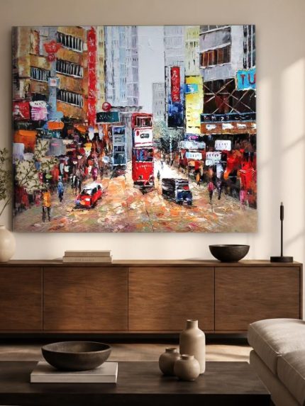 Drukke straat in Hong Kong, Steden & Skylines schilderij aan de muur in interieur