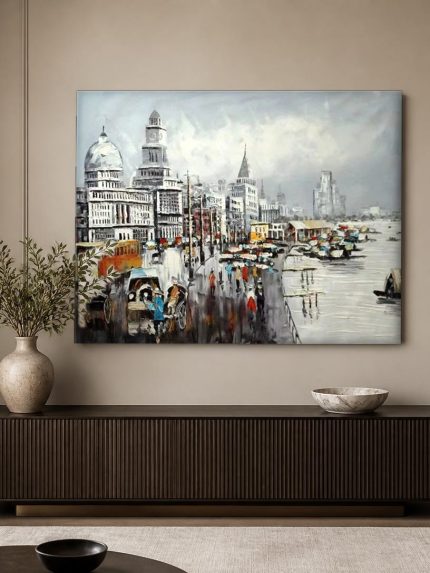 Regenachtige Bund van Shanghai, Steden & Skylines schilderij aan de muur in interieur
