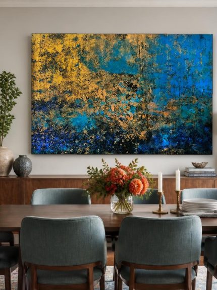 Glans in het Diepblauw, Abstract & Modern schilderij aan de muur in interieur