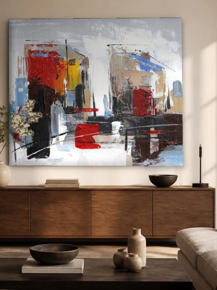 Stedelijke Reflecties in Rood, Steden & Skylines schilderij aan de muur in interieur
