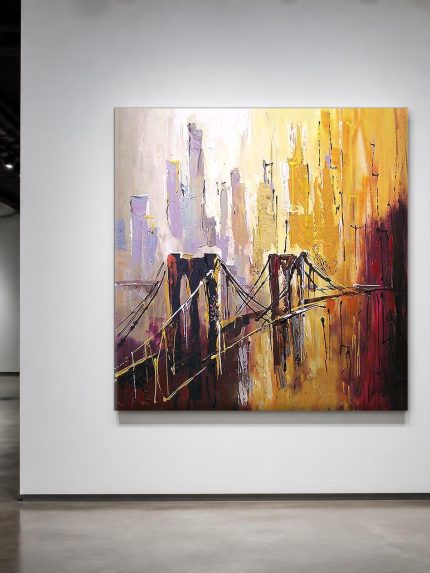 Brooklyn Bridge in goud en amber, Steden & Skylines schilderij aan de muur in interieur